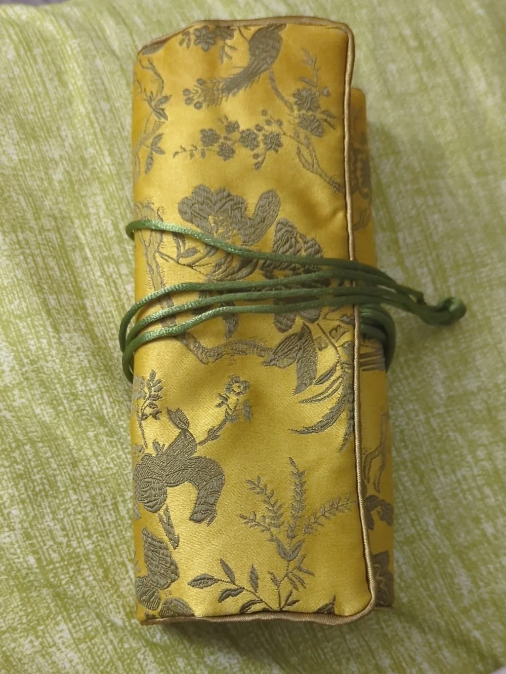 Silk Jacquard Roll-Up Jewelry Organizer in Mustard Yellow